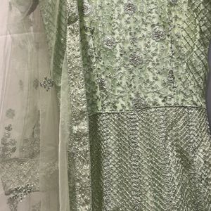 Pista Colour Heavy Worked Gown N Dupatta