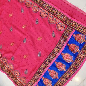Beautiful Work Pink Saree Broad Blue Border 💙