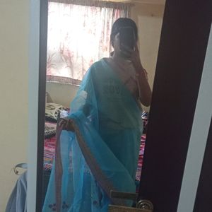 (Negotiable) Blue Organza Net Beautiful Sareee