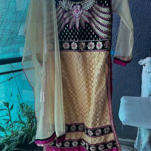 Heavy Work Golden Black Velvet Kurta + Dupatta