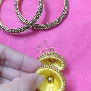 1 Set Of Bangles(Red Green Color & White Stones)And 1 Set Of Silk Thread Earrings (Yellow Color)