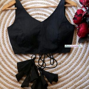 Black Cotton Backless V Neck Blouse