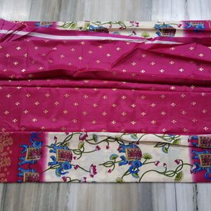 Cream With Pink Border Dola Foil Saree