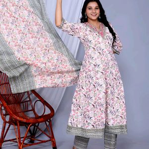 Anarkali Frock Pant Set With  Cotton Dupatta