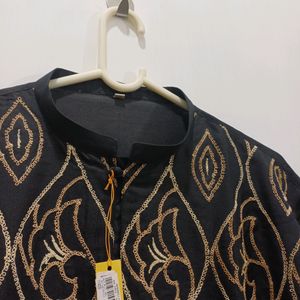 Silk Kurta Chudidar Set (Black Pattern)