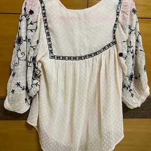 Cream Dobby Black Embroidered Grorgette Top