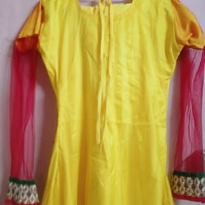 Yellow Net Frock With Churidar Pajama and dupatta