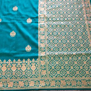 Peacock Colour Banarsi Saree With Gold Jari