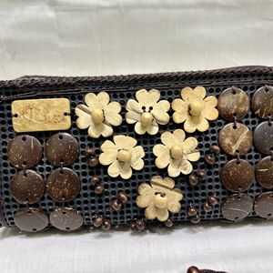 Brown Hand Clutch With Wooden Beads