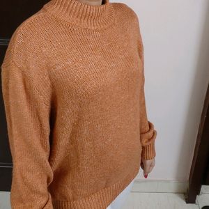 Women Orange Crew Neck Oversized Knit Rib Sweater