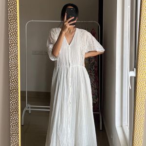 Embroidered White Linen Pleated Midi Dress