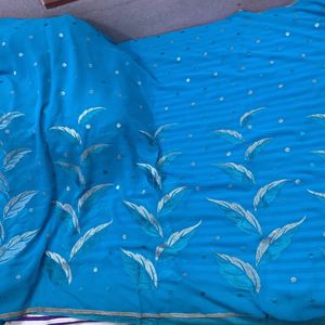 🔥PRICE DROP🔥 SKY BLUE SAREE WITH READY BLOUSE