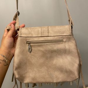 Nude/Khaki Sling Bag With Fringes