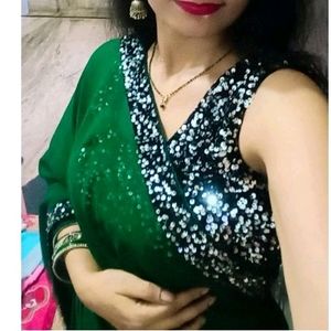 Rama Green Saree With Stiched Sequence Blouse