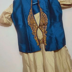 Blue Jacket & Golden Party Wear Dress For Girl