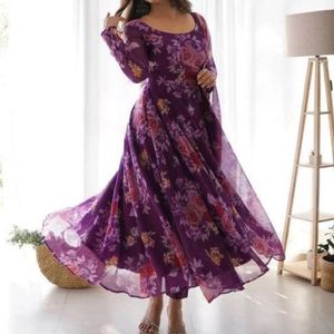 Purple Printed Anarkali Suit Set