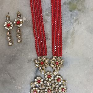 A Red Beads Jewellery with heavy locket& earrings