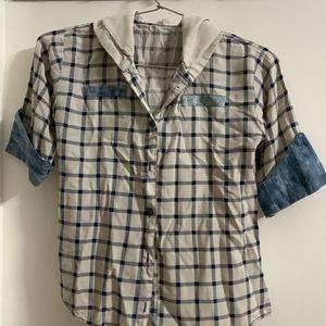 Demin Detailed White Checked Girls T-shirts