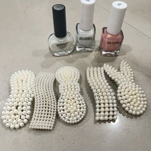 combo of 3 nail paint and 5 pearl hairclips