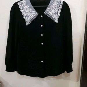 Korean Black Embroidered Collar Shirt✨️