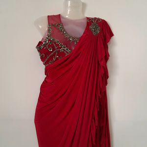 Red Embroidered Ready To Wear Saree Set (Women's)