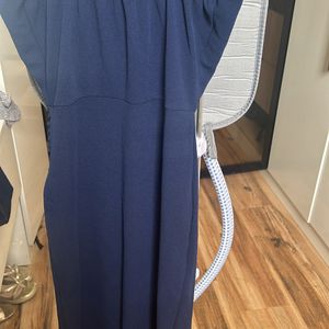 Navy Blue Strappy V Neck Gown With Side Slit