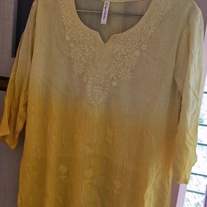 Yellow Lakhnavi Embroided Short Kurti