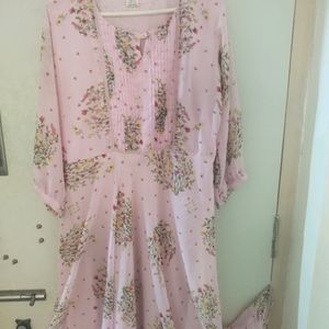 Beautiful Floral Pink Long Kurtha With Frill