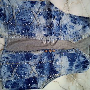 t-shirt with denim jacket.