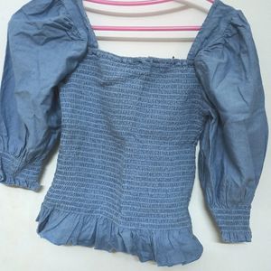 Blue Puff Sleeved Smocked Fitted Top By Roadster