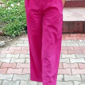 Hot Pink Jumpsuit With Golden Belt And Buttons