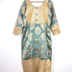 Grey With Gold Floral Print Ethnic Kurta (Women's)