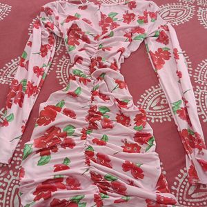 Floral Long Sleeve Runched Bodycon Dress