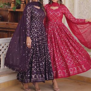 Gown With Dupatta - Wine , Rani