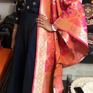 Navy Blue Anarkali With 2 Duppatas