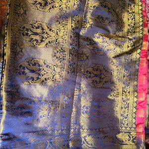 Rose Coloured Checks Saree With Blue Colour Border