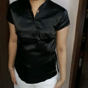 Women Black Satin Chinese Style Side Button Top