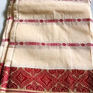 Cream And Red Bengal Cotton Saree