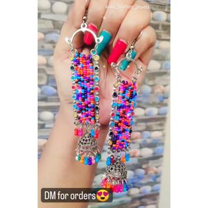 Silver Beaded Long Jhumka  Earrings Multicolour