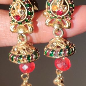 Indian Traditional Gold And Red Jhumka