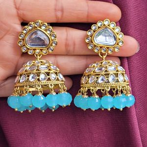 Turquoise Blue Kundan Jhumka Set