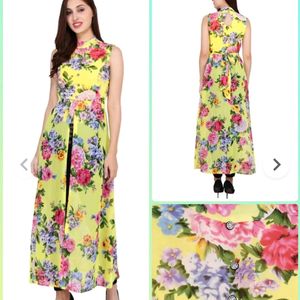 Yellow Floral Long Front Slit Cut Maxi Dress