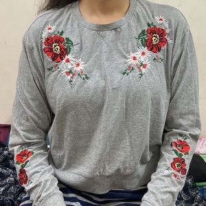 Grey Top With Flower Embroidery- M