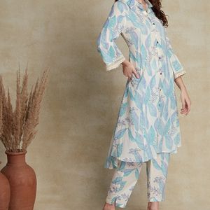 Off White Floral Printed Pure Cotton Kurta Set