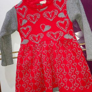 1-2 Yr Grey&Red Colour Woolen Frockset.