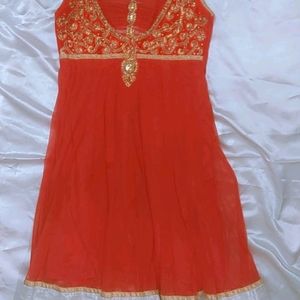 Coral Flared Sleeveless Party Wear