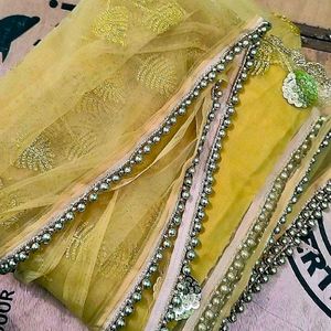 Golden Beaded Lacework Partywear Saree Blouse