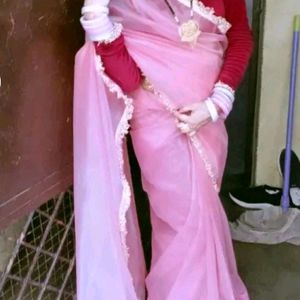 New Peach Nylon Saree With Velvet Blouse Piece