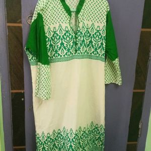 Pure Cotton White Green Kurta