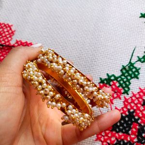 Golden Kada With White Pearls